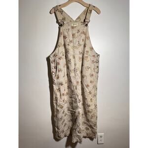 Eddie Bauer EUC Tan 100% Linen Fruit Berries Print Overall Dress Size L P PETITE